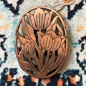 Vintage Copper Floral tulip Wall Art trivet dead stock new with tags Dutch